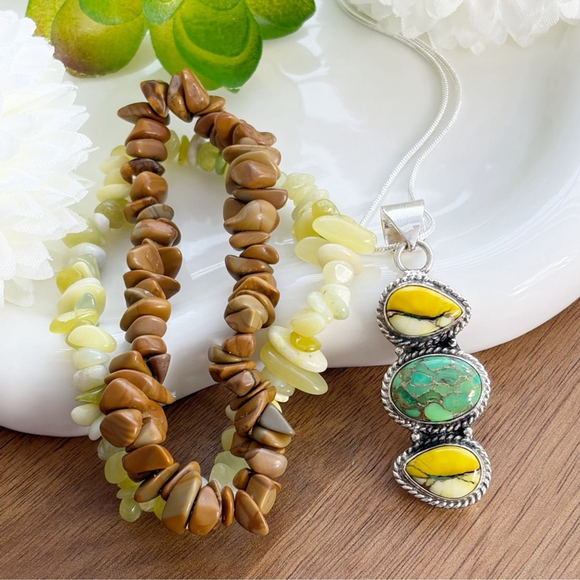 Boho Southwest Honey Dahlia & Green Turquoise Pendant Jewelry Set New 925